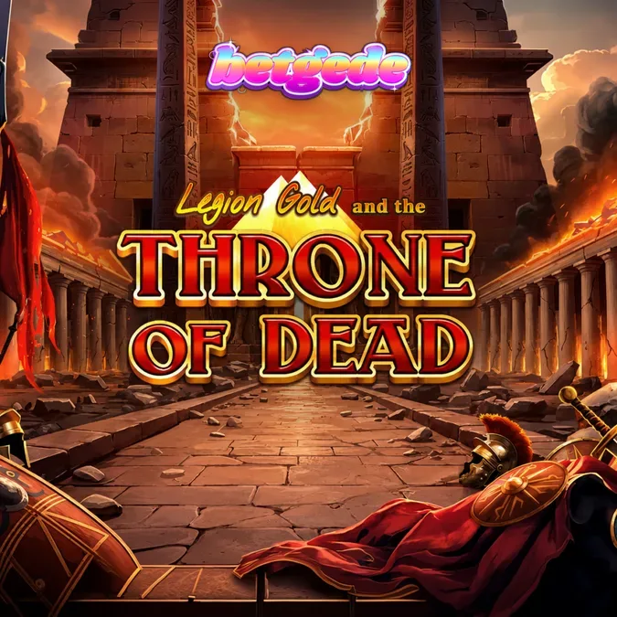 Tinjauan layar permainan slot Legion Gold and the Throne of Dead dengan latar belakang kuil kuno yang terbakar dan simbol hewan lapis baja.